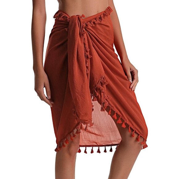 BEACH Sarong Pareo Womens Semi-Sheer Swimwear Cover Ups 016-orangered-short - Picture 1 of 6